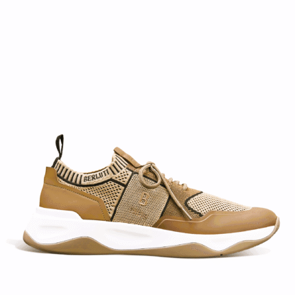 SNEAKER BERLUTI SHADOW EN MAILLE ET CUIR DE VEAU FILM GOMME EN LIGHT KAKI/BEIGE